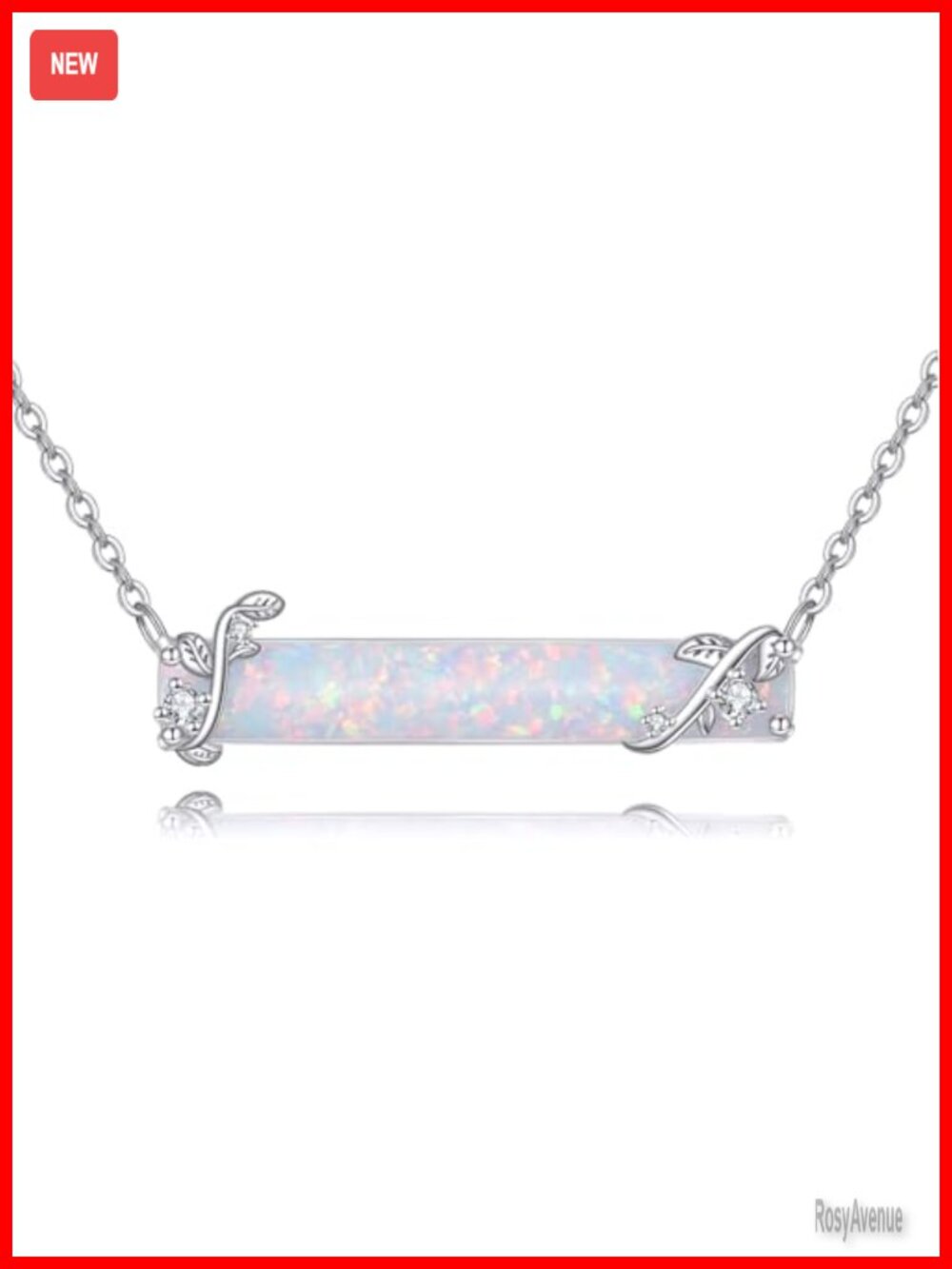 Sterling Silver White Opal Bar Necklace with CZ Accents Pendant Jewelry